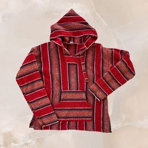 Vintage Mexican Baja Blanket Drug Rug Hoodie Red Blue Surfer Skater Poncho S M